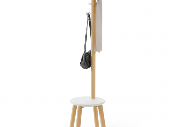 Tabouret portemanteau 6 crochets bois et blanc